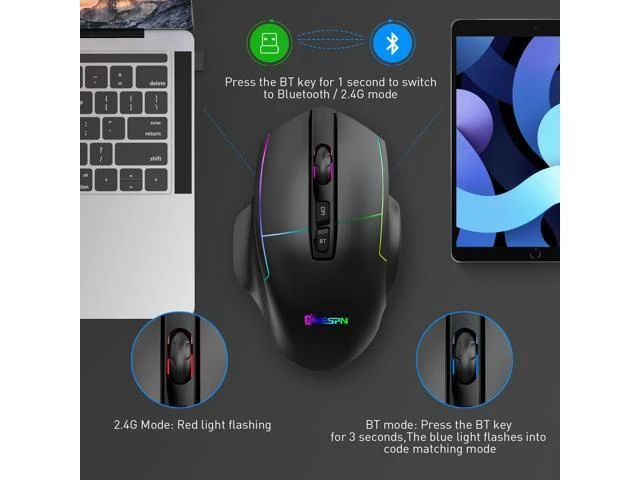 Alt view image 11 of 14 - 2.4G Wireless Bluetooth Mouse, Bluetooth RGB Rechargeable Gaming Mouse Wireless Computer Silent Mause LED Backlit 1600 DPI Ergonomic Gaming Mouse for Laptop PC