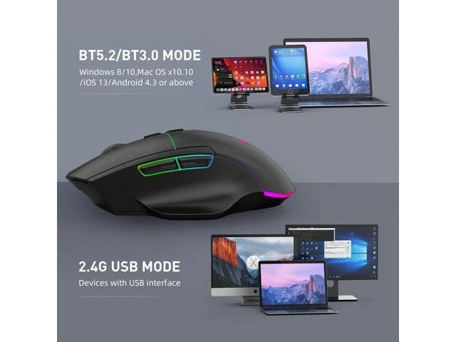 Alt view image 13 of 14 - 2.4G Wireless Bluetooth Mouse, Bluetooth RGB Rechargeable Gaming Mouse Wireless Computer Silent Mause LED Backlit 1600 DPI Ergonomic Gaming Mouse for Laptop PC