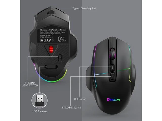 Alt view image 14 of 14 - 2.4G Wireless Bluetooth Mouse, Bluetooth RGB Rechargeable Gaming Mouse Wireless Computer Silent Mause LED Backlit 1600 DPI Ergonomic Gaming Mouse for Laptop PC