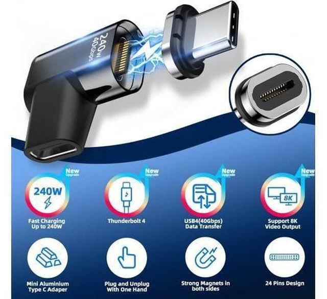 Alt view image 9 of 14 - WISDUM 240W USB C Elbow Magnetic Adapter, (2 Pack) Magnetic USB C Adapter Right Angle 24Pin with USB4 40Gbps 8K 60Hz for iPhone 15 Series, Thunderbolt 3/4, MacBook Pro/Air and More Type C Devices