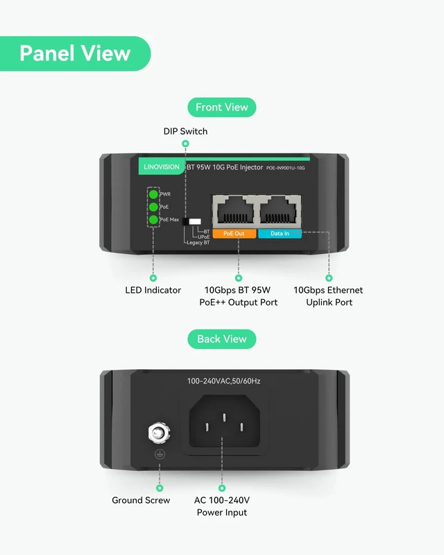 Alt view image 7 of 10 - LINOVISION Industrial 10G BT 95W POE++ Injector with AC 100-240V Input, Compatible with Standard and Legacy Non-Standard PD Devices, IEEE802.3af/at/bt PoE Output for PTZ Camera, POE Light, POE Monitor