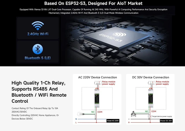 Alt view image 8 of 10 - Industrial 1-Ch ESP32-S3 WiFi Relay Module, Supports RS485/WIFi/Bluetooth Control, Contact Rating of Relay up to 10A 250VAC/30VDC, with Multiple Isolation Protection Circuits, Rail-Mount Case