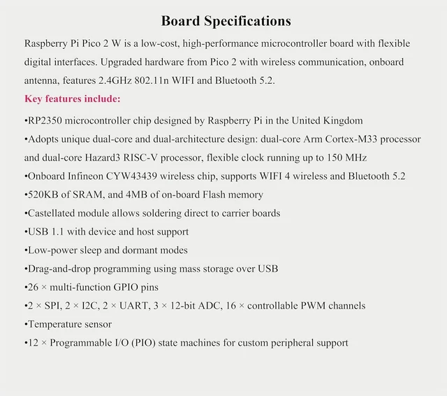 Alt view image 11 of 14 - (2PCS) Pico 2 W with Color-Coded Pre-Soldered Header Compatible with Raspberry Pi Pico 2 W Microcontroller, 2.4GHz 802.11n Wireless LAN WIFI4 and Bluetooth 5.2, RP2350 Dual-Core& Dual-Architecture