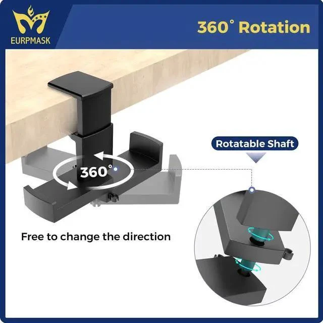Alt view image 10 of 14 - WISDUM PC Gaming Headphone Stand,Dual Headset Hanger Hook Holder with Adjustable & Rotating Arm Clamp,Under Desk Design,Universal Fit,Built in Cable Clip Organizer EURPMASK