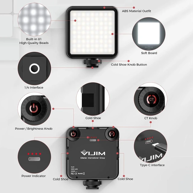 Alt view image 12 of 12 - VoltSync LED Video Light, VL81 On Camera Light with 3 Cold Shoe Rechargeable 3000mAh Battery Bicolor Dimmable 3200K-5600K CRI95+ Portable Photography Photo Lighting Panel for YouTube DSLR Camcorder Vl