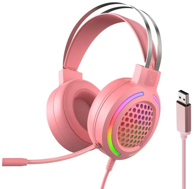 Alt view image 5 of 8 - Wired Headset Gaming Headset Colorful RGB Light Headphone with 360° Noise Reduction Microphone for PC Laptop Pink Gaming Headset