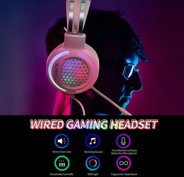Alt view image 7 of 8 - Wired Headset Gaming Headset Colorful RGB Light Headphone with 360° Noise Reduction Microphone for PC Laptop Pink Gaming Headset