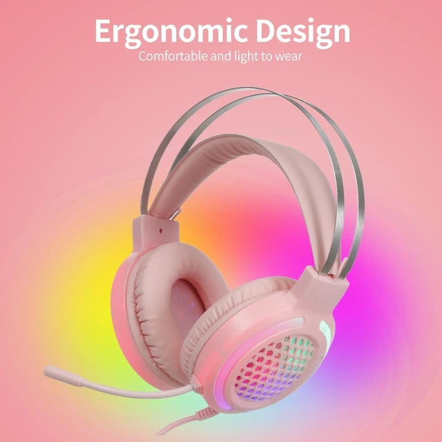 Alt view image 8 of 8 - Wired Headset Gaming Headset Colorful RGB Light Headphone with 360° Noise Reduction Microphone for PC Laptop Pink Gaming Headset