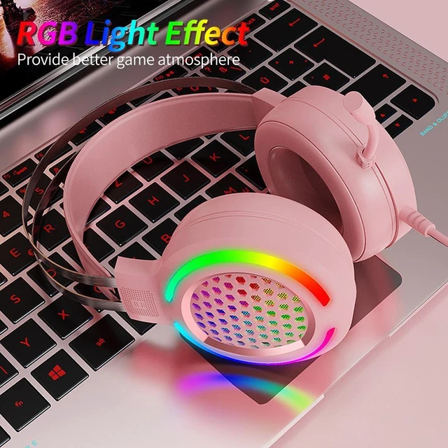 Alt view image 6 of 8 - Wired Headset Gaming Headset Colorful RGB Light Headphone with 360° Noise Reduction Microphone for PC Laptop Pink Gaming Headset