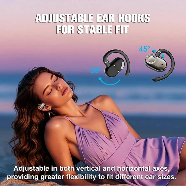 Alt view image 12 of 12 - Bluetooth 5.4 Open Ear Earbuds with Earhook - Dual-Axis Adjustable, 5H Playback, IPX5 Waterproof (Purple)
