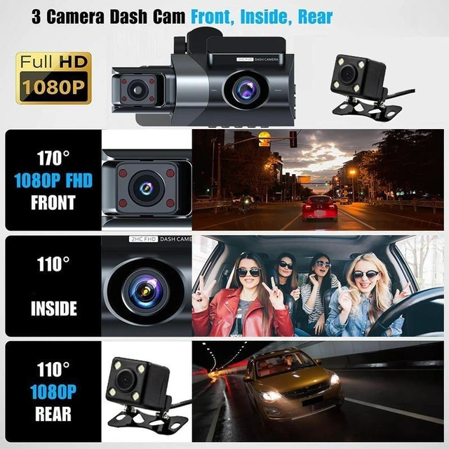 Alt view image 9 of 12 - QURO 3 Channel Car DVR HD 1080P 3-Len Inside Vehicle Dash Cam Three Way Camera DVRs Recorder Video Mini Dashcam Camcorder