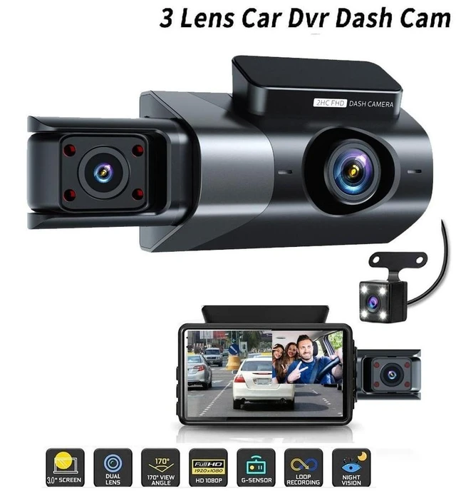 Alt view image 11 of 12 - QURO 3 Channel Car DVR HD 1080P 3-Len Inside Vehicle Dash Cam Three Way Camera DVRs Recorder Video Mini Dashcam Camcorder