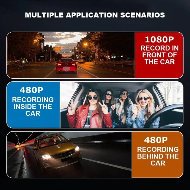 Alt view image 10 of 12 - QURO 3 Channel Car DVR HD 1080P 3-Len Inside Vehicle Dash Cam Three Way Camera DVRs Recorder Video Mini Dashcam Camcorder