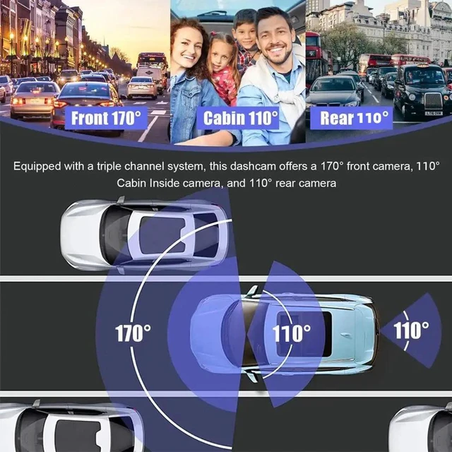 Alt view image 12 of 12 - QURO 3 Channel Car DVR HD 1080P 3-Len Inside Vehicle Dash Cam Three Way Camera DVRs Recorder Video Mini Dashcam Camcorder