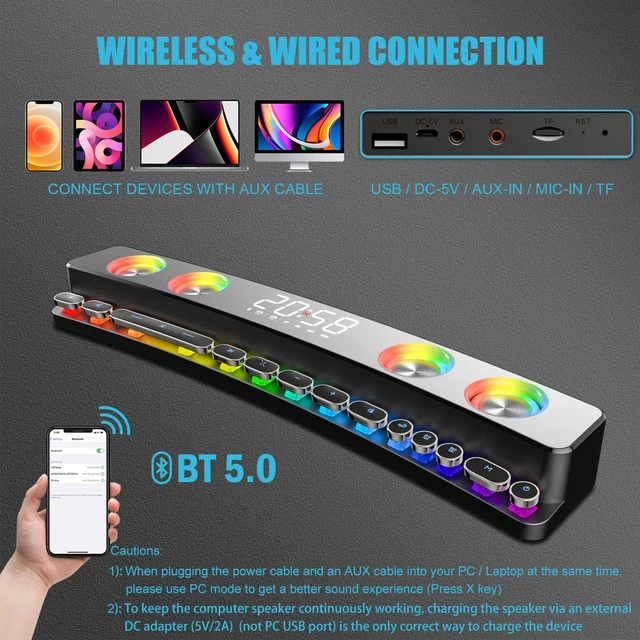 Alt view image 12 of 12 - Dynamic RGB Computer Speakers Sound Bar Desktop PC Gaming Speaker Soundbar with Wireless Bluetooth 5.0, Small Sound Bars for Laptop, Tablet, TV, USB Powered Battery Operated Speakers, Built-in Mic
