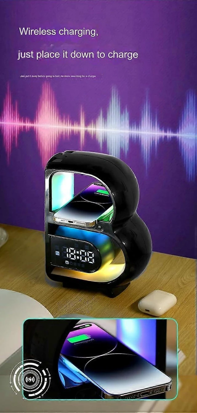Alt view image 10 of 10 - Ecocleanpath Wireless Charging Desk Lamp with Bluetooth Speaker, Clock, Colorful Lights & Subwoofer - White