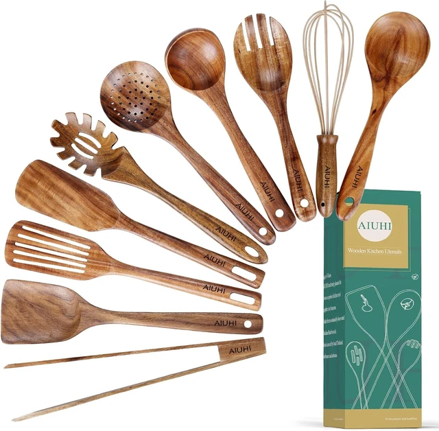Alt view image 7 of 12 - 10 Pack Wooden Utensils for Cooking, Wood Utensil Set for Kitchen, Teak Wooden Spoon for Cooking, Non-Stick Spatula Ladle