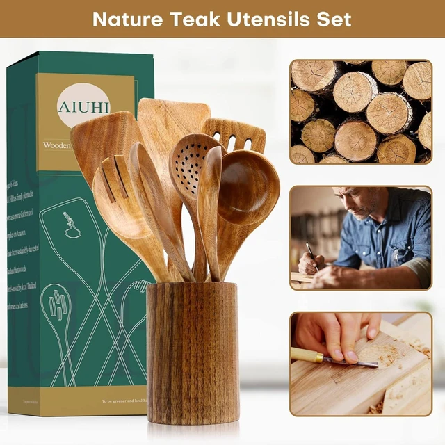 Alt view image 9 of 12 - 10 Pack Wooden Utensils for Cooking, Wood Utensil Set for Kitchen, Teak Wooden Spoon for Cooking, Non-Stick Spatula Ladle