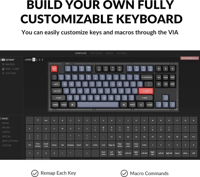 Alt view image 9 of 14 - Keychron V3 Wired Custom Mechanical Keyboard, TKL Tenkeyless QMK/VIA Programmable Macro with Hot-swappable Keychron K Pro Brown Switch Compatible with Mac Windows Linux (Frosted Black-Translucent)