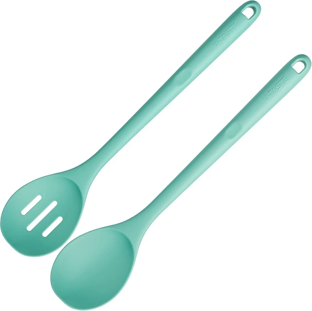 Alt view image 8 of 14 - 600ºF Heat Resistant Silicone Spoons: U-Taste 13.3in Solid & Slotted Kitchen Cooking Tool, Nonstick Long Rubber Utensil, Sturdy for Mixing, Serving, Stirring, Frying, Basting (Aqua Sky, 2PCS)