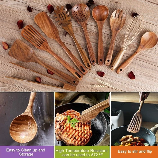 Alt view image 11 of 12 - 10 Pack Wooden Utensils for Cooking, Wood Utensil Set for Kitchen, Teak Wooden Spoon for Cooking, Non-Stick Spatula Ladle
