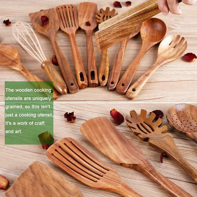 Alt view image 10 of 12 - 10 Pack Wooden Utensils for Cooking, Wood Utensil Set for Kitchen, Teak Wooden Spoon for Cooking, Non-Stick Spatula Ladle