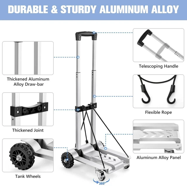 Alt view image 12 of 14 - KEDSUM 270LBS Utility Luggage Cart with 4 Wheels, 100% Aluminum Hand Truck Dolly, Folding Hand Truck with Advanced Tank Wheels, Portable Dolly Cart for Luggage, Travel, Shopping, Office Use