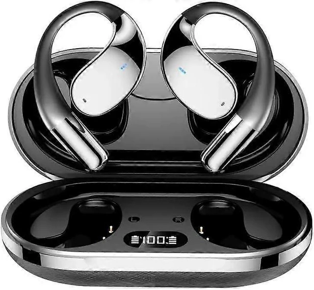 Alt view image 6 of 10 - AI Translation Earbuds Q39: Wireless Open-Ear Bluetooth Headset, Air Conduction, LED Charging Case (Black)