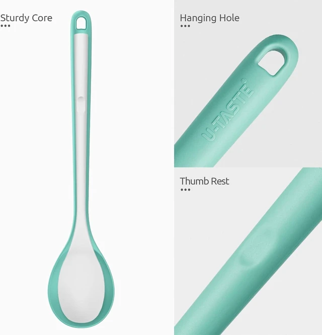 Alt view image 13 of 14 - 600ºF Heat Resistant Silicone Spoons: U-Taste 13.3in Solid & Slotted Kitchen Cooking Tool, Nonstick Long Rubber Utensil, Sturdy for Mixing, Serving, Stirring, Frying, Basting (Aqua Sky, 2PCS)