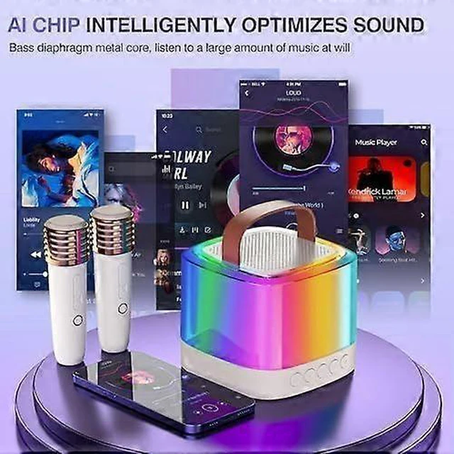 Alt view image 12 of 12 - Ecocleanpath Beige Mini Karaoke Machine with 2 Wireless Mics & LED Lights | Portable Bluetooth Speaker for Kids & Adults