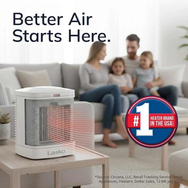 Alt view image 9 of 14 - Lasko Portable Electric Ceramic Space Heater with ALCI Plug for Bathroom Use, 2 Heat Settings and Simple Heat Button, 8 Inches, White, 1500W, CD08200