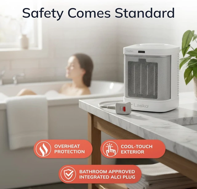 Alt view image 10 of 14 - Lasko Portable Electric Ceramic Space Heater with ALCI Plug for Bathroom Use, 2 Heat Settings and Simple Heat Button, 8 Inches, White, 1500W, CD08200