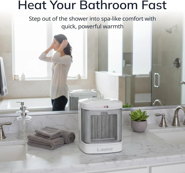 Alt view image 11 of 14 - Lasko Portable Electric Ceramic Space Heater with ALCI Plug for Bathroom Use, 2 Heat Settings and Simple Heat Button, 8 Inches, White, 1500W, CD08200