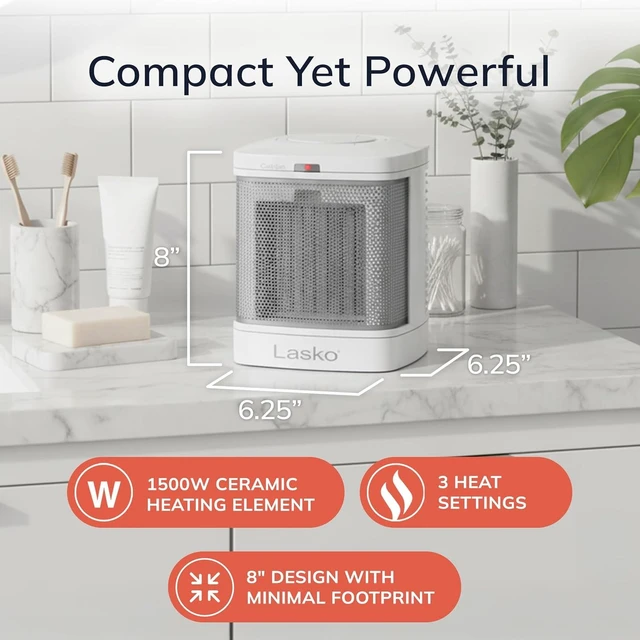 Alt view image 13 of 14 - Lasko Portable Electric Ceramic Space Heater with ALCI Plug for Bathroom Use, 2 Heat Settings and Simple Heat Button, 8 Inches, White, 1500W, CD08200