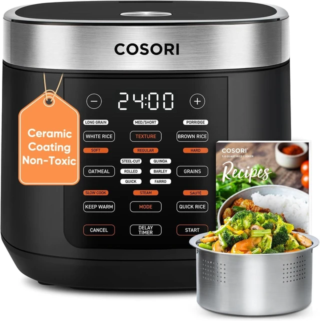 Alt view image 8 of 14 - COSORI Rice Cooker 10 Cup, 24h Keep Warm, 18 Functions Fuzzy Logic Rice Maker with Stainless Steel Steamer Basket, Sauté, Slow Cooker, Black