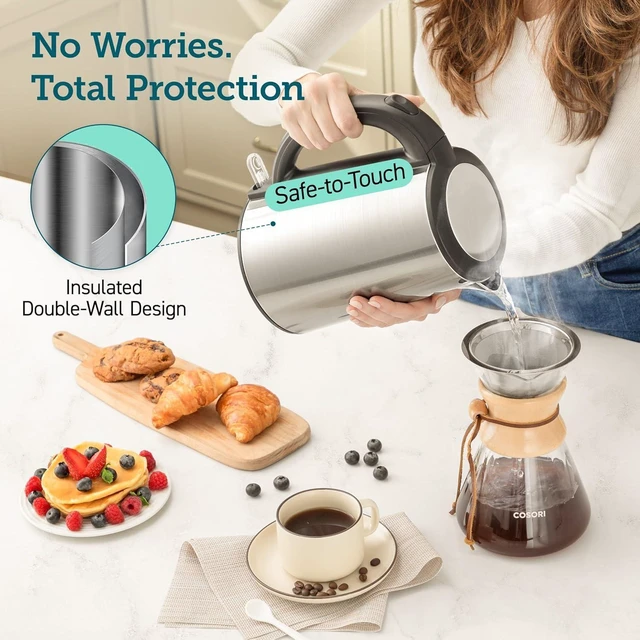 Alt view image 11 of 14 - COSORI Electric Kettle, No Plastic Inner Lid, Filter and Spout, Double Wall Stainless Steel Keep Warm, Automatic Shut Off & Boil-Dry Protection, Durable Tea Kettle Boiler & Heater, 1.5L/1500W, Silver