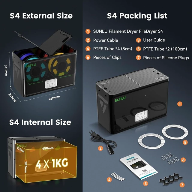 Alt view image 14 of 14 - SUNLU Official 3D Printer Filament Dryer S4, 4 Spools Capacity, Upgraded 3 Circulation Fans, 350W PTC Heater, 70 Max Temperature, Intelligent Humidity Control, Nylon TPU PLA PETG ABS Filament, Black