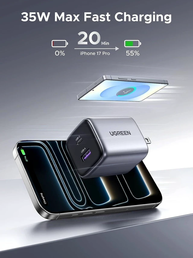 Alt view image 9 of 14 - UGREEN 35W USB C Charger for iPhone 17 Fast Charging, Nexode 2-Ports GaN Foldable PPS Compact Fast Wall Charger Block for iPhone 17/16/15, Galaxy S25/S24/S23, Pixel 10/9/8, iPad, MacBook, Steam Deck