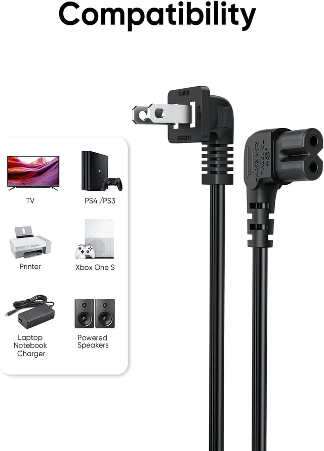 Alt view image 10 of 14 - CableCreation 10 Feet 18 AWG Angled 2-Slot Non-Polarized Angle Power Cord for Samsung TV LG TCL Replacement (IEC320 C7 to Nema 1-15P), 3M