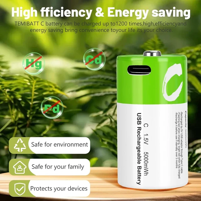 Alt view image 11 of 14 - C Batteries Rechargeable 4 Pack C Size Cell Lithium Batteries LR14 5000mWh 1.5V Li-ion Power for Long-Lasting Use in Toys and Floodlights