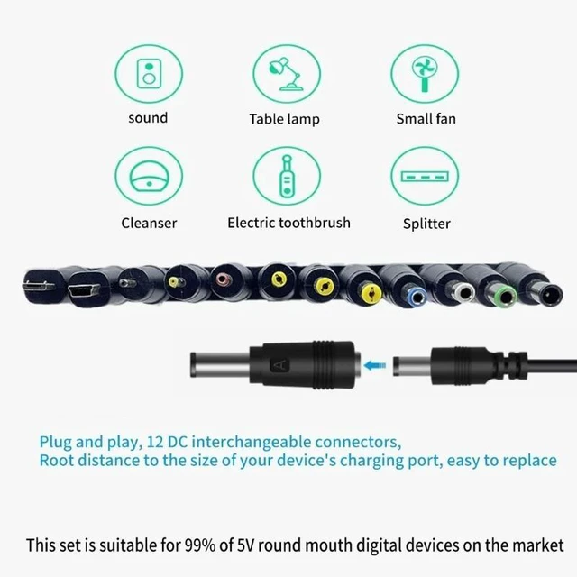 Alt view image 8 of 8 - Universal USB to 5V DC Power Cord Charging Cable 5.5x2.1mm Jack With 12 Interchangeable Plug Adapter Mini Micro USB