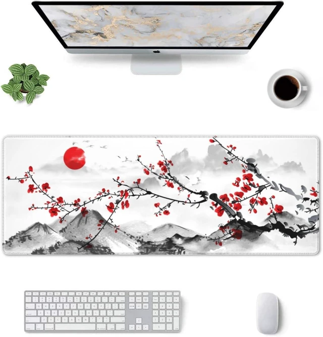 Alt view image 10 of 14 - Watercolor Cherry Blossom Mouse Pad 31.5x11.8 Inch Pink Full Desk Japanese Sakura Mousepad Extended Large Non-Slip Rubber Base Waterproof Big Keyboard Mat with Stitched Edges for Gaming and Office