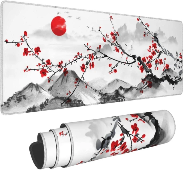 Alt view image 8 of 14 - Watercolor Cherry Blossom Mouse Pad 31.5x11.8 Inch Pink Full Desk Japanese Sakura Mousepad Extended Large Non-Slip Rubber Base Waterproof Big Keyboard Mat with Stitched Edges for Gaming and Office