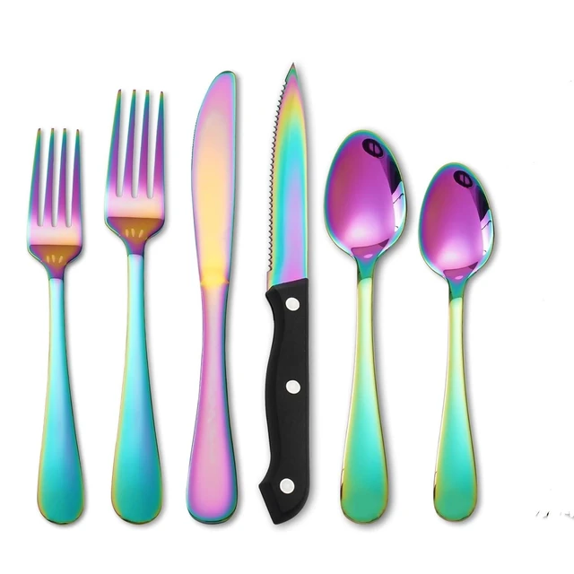 Alt view image 8 of 14 - Rainbow Silverware Sets with Steak Knife - 24 PC Stainless Steel Silverware Sets Service for 4 Dishwasher Safe, Mirror Polished Flatware Set For Home,Restaurant,Hotel, Wedding, Parties
