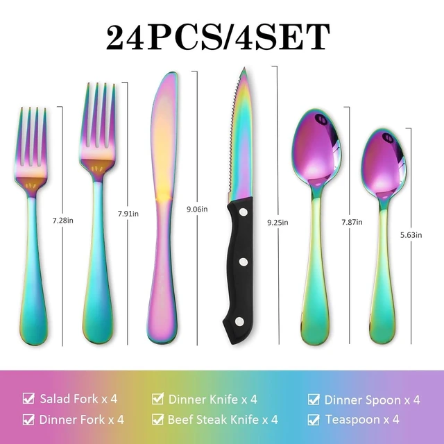Alt view image 9 of 14 - Rainbow Silverware Sets with Steak Knife - 24 PC Stainless Steel Silverware Sets Service for 4 Dishwasher Safe, Mirror Polished Flatware Set For Home,Restaurant,Hotel, Wedding, Parties