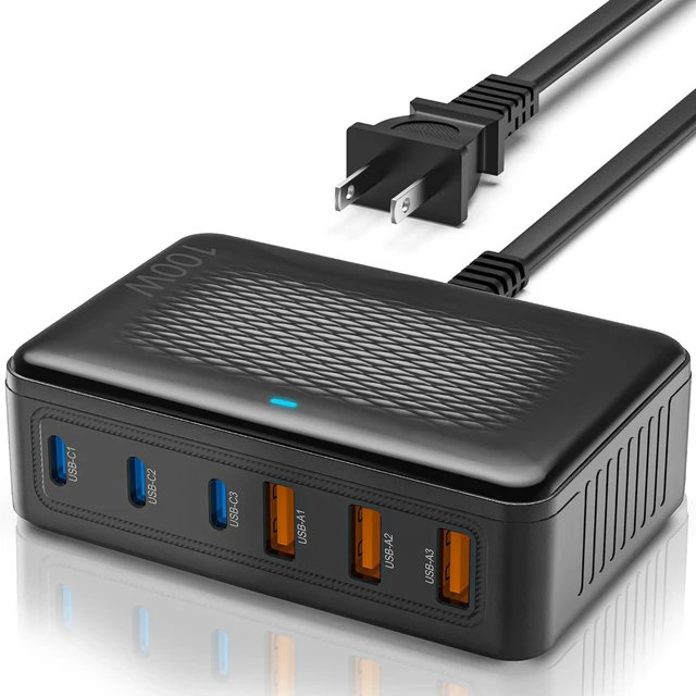 Alt view image 8 of 14 - USB C Charger Block,100W GaN 6 Port Fast Charging Station Hub for Multiple Devices,Wall Charger PD 3.0+QC Power Strip Adapter Plug for All iPhone 17 16 15 iPad Samsung iWatch Pixel Series (Black)