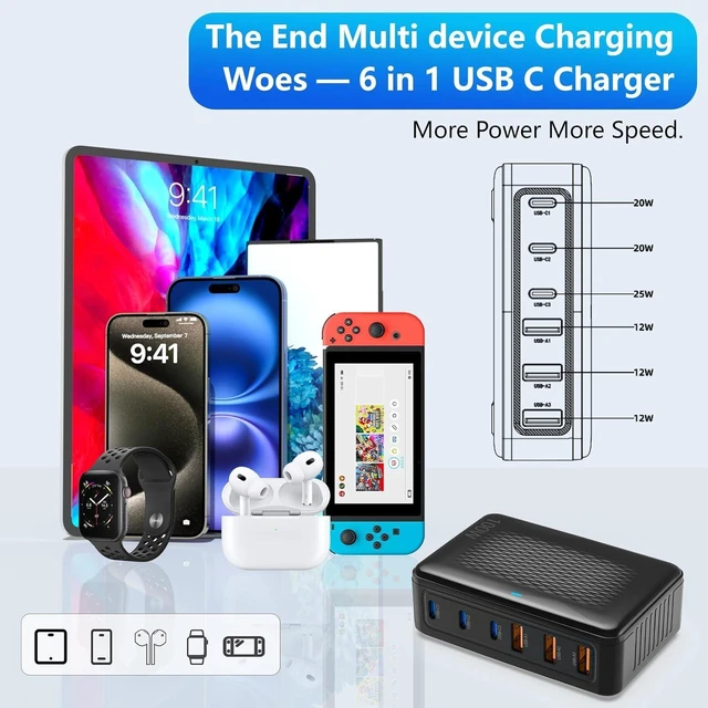 Alt view image 9 of 14 - USB C Charger Block,100W GaN 6 Port Fast Charging Station Hub for Multiple Devices,Wall Charger PD 3.0+QC Power Strip Adapter Plug for All iPhone 17 16 15 iPad Samsung iWatch Pixel Series (Black)