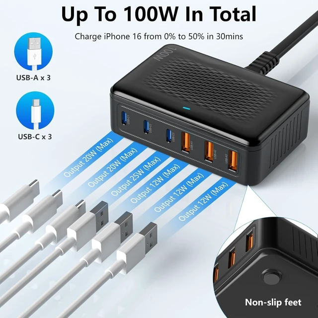 Alt view image 10 of 14 - USB C Charger Block,100W GaN 6 Port Fast Charging Station Hub for Multiple Devices,Wall Charger PD 3.0+QC Power Strip Adapter Plug for All iPhone 17 16 15 iPad Samsung iWatch Pixel Series (Black)