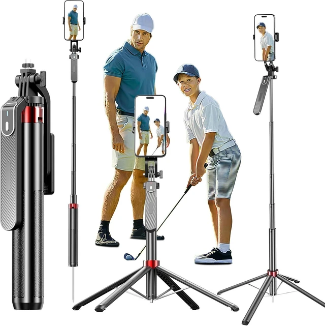 Alt view image 8 of 14 - Monopod and Tripod Selfie Stick to Record Golf Swing - Etendable Cell Phone Tripod Stand with Wireless Remote and Phone Holder, Golf Training Aid - Compatible with All iPhone Android Phone