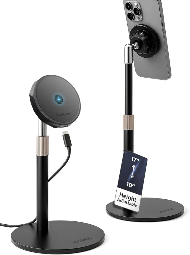 Alt view image 8 of 14 - GALVANOX Magnetic Fast-Charging Desk Phone Stand (Adjustable Height) Compatible with MagSafe, Tall Wireless Charger, Heavy Metal Base (15W) Desktop iPhone Holder, Great for Office/Video Calls